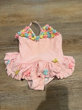 Little Me Pink Striped Ruffle One-Piece Swimsuit with Pastel Flowers